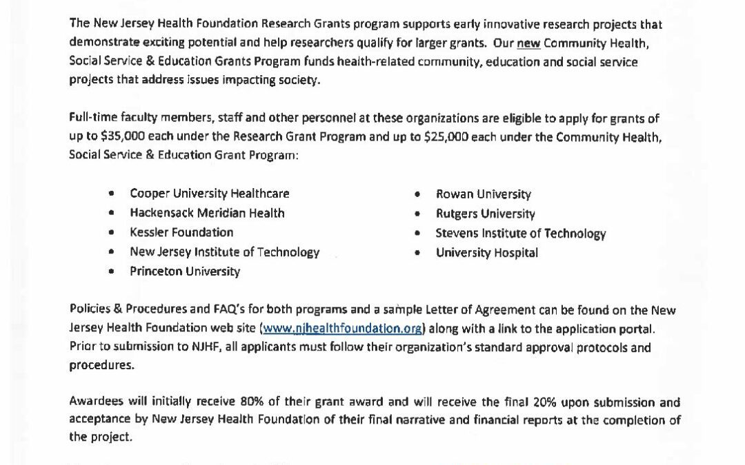 New Jersey Health Foundation Annual Grant program