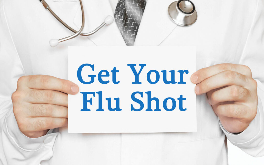 Doctor holding a card with Get Your Flu Shot, medical concept